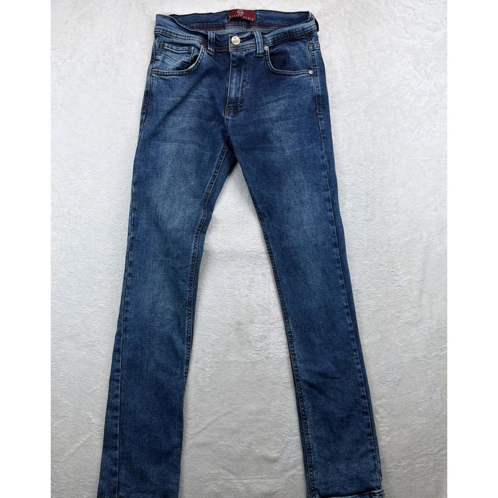 Philipp Plein Mens Jeans 30x34 Blue Slim Straight Logo Designer Denim Luxury